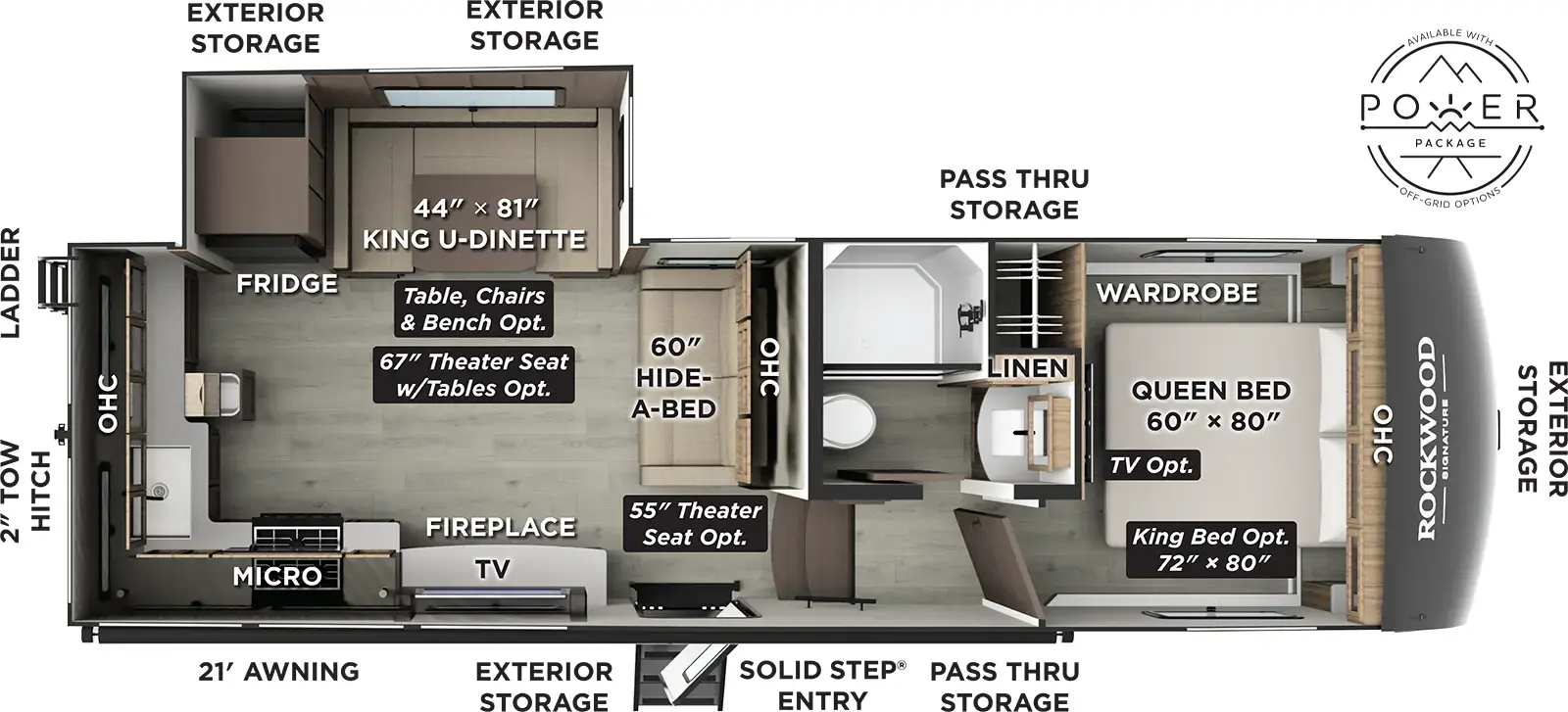 The Rockwood Signature Fifth Wheels R301RKS floorplan has one entry and one slide out. Exterior features include: fiberglass exterior and 21' awning. Interiors features include: rear kitchen, u-dinette and front bedroom.